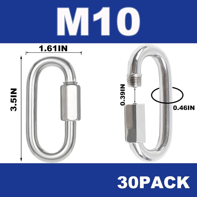 XHMAXE 30PCS 3.5 Inches Chain Links, M10 Screw Galvanized Steel Quick Links Heavy Duty Chain Links, 3/8" Locking Carabiners for Connecting Hammock, Key Chain, Pet Leash, Gym,Camping, 2000 Lbs Capacity - Image 2